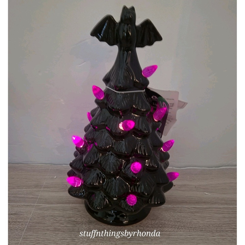 New Lighted Black Halloween Tree Purple Lights Bat Top Ceramic 9" Tall